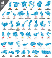 Obraz premium European countries maps with national flags vector set