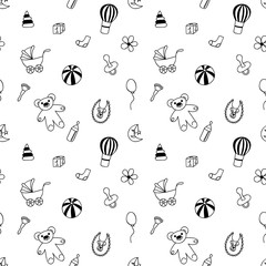 Hand drawn seamless pattern with children's toys for adult color