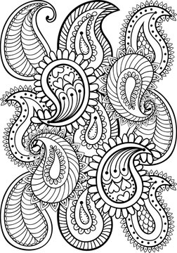 Hand drawn paisley pattern for adult coloring page A4 size in do