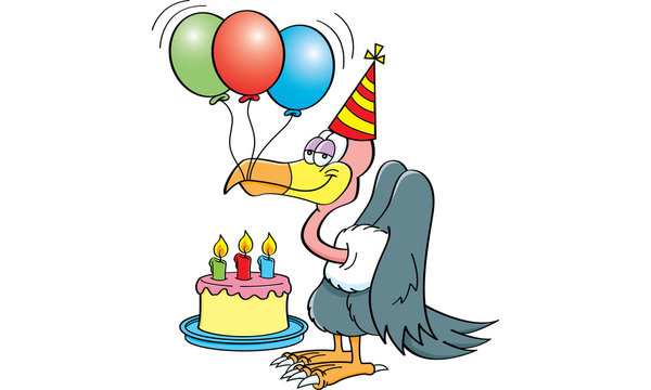 Cartoon Illustration Of A Buzzard Wearing A Party Hat With A Birthday Cake And Balloons.