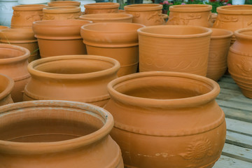 clay flower pots, flower beds, plants for decoration