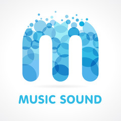 Music sound blue M logo. M letter logo, Music shop, Mix studio, Media logo, vector template