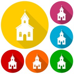 Church building icons set with long shadow
