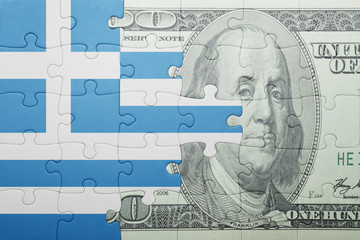 puzzle with the national flag of greece and dollar banknote