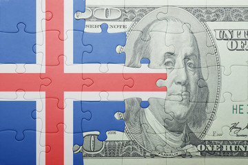 puzzle with the national flag of iceland and dollar banknote