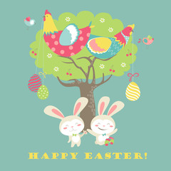 Easter bunnies,chicken and easter eggs 