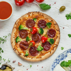 Delicious italian pizza served on wooden table
