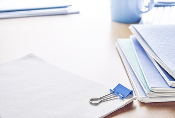 Desk. Office desk table with supplies 