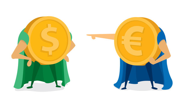 Euro coin pointing at dollar super hero