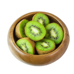 Juicy ripe kiwi fruit in wooden bowl isolated on white background