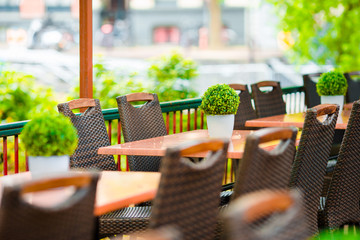Summer empty outdoor cafe at tourist european city