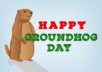 Happy groundhog day inscription on blue background. Groundhog cartoon character looking at his shadow. Design template with text in 3d style. Vector illustration