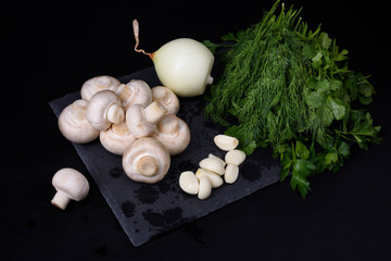 Ingredients on dark background. Vegetarian food, health or cooking concept.
