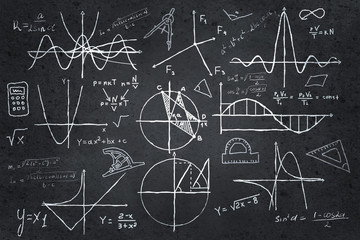Mathematics sketches on blackboard - obrazy, fototapety, plakaty