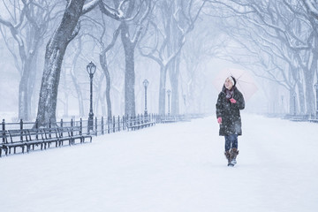 Asian woman walking in snowy park