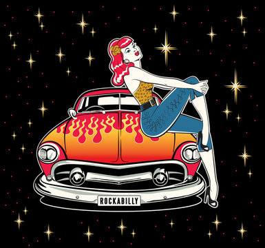 Rockabilly pinup girl sitting on a hotrod painted with flames against a starry night sky