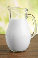 Jar of milk on blurred natural background