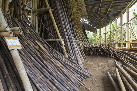 Bamboo trunks in factory, Ubud, Bali, Indonesia