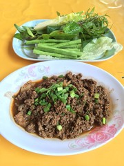 Thai cuisine spicy beef salad, Larb. Traditional Thai food