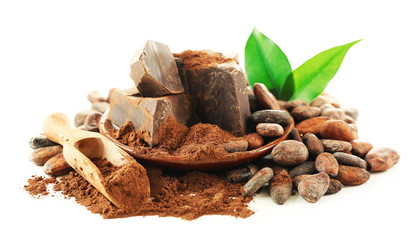 Pile of cocoa beans and chocolate isolated on white background