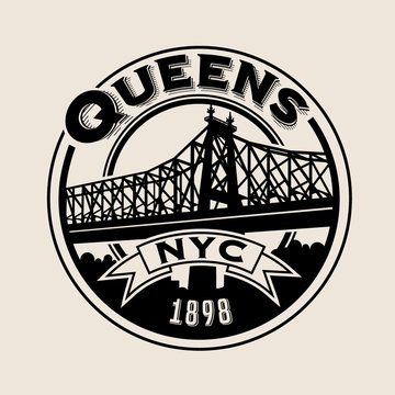 vintage t-shirt sticker emblem design. Queens, New York City and Queensboro Bridge