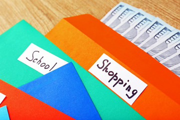 Distribution of money, financial planning, dollars in bright envelopes, on wooden table background