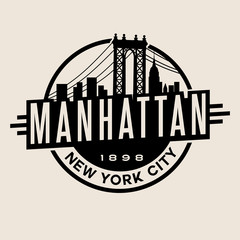 Obrazy  projekt godło naklejki rocznika t-shirt. Manhattan Nowy Jork i Manhattan Bridge i panoramę