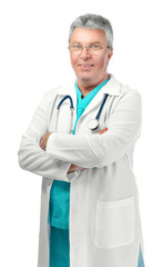 A handsome doctor with crossed arms, isolated on white