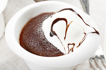 Chocolate lava cake with ice-cream, close-up