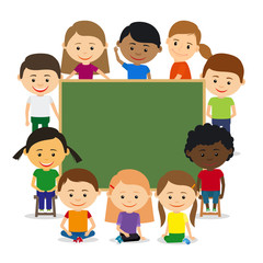 Kids around chalkboard. Kids education and childrens training concept. Vector illustration