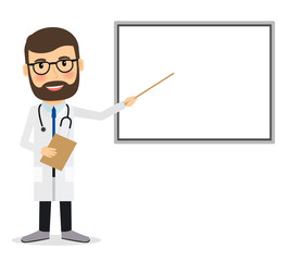 Fototapeta premium Doctor with whiteboard. Doctor presenting research results, pointing at whiteboard. Vector illustration