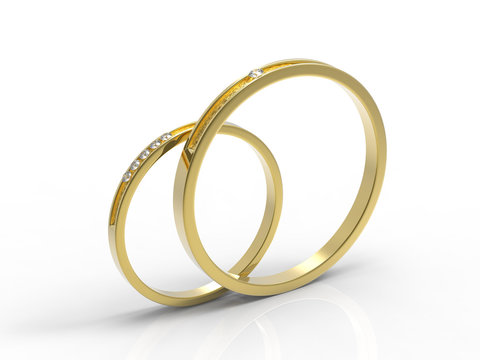 3d rendered golden wedding rings on white background