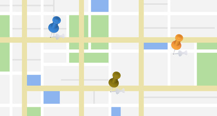 City map with some location thumbtacks - obrazy, fototapety, plakaty