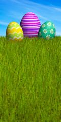 Decorated Easter eggs in the grass under a blue sky
