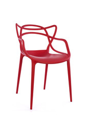 Red Plastic Outdoor Cafe Chair on White Background, Three Quarter View