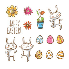 Vector Easter set. Easter rabbits, eggs and flowers.