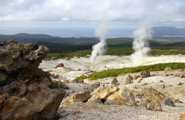 Fumarole surge of the sulphur on vulcan Golovnina. Kurily, island Kunashir
