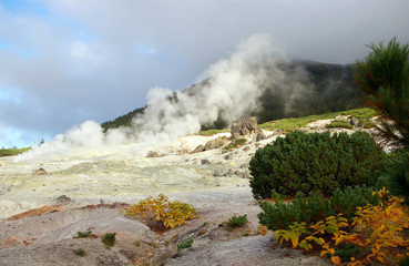 Fumarole surge of the sulphur on vulcan Golovnina. Kurily, island Kunashir