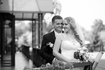 Eyes full of love. Monochrome shot of a happy newlywed couple