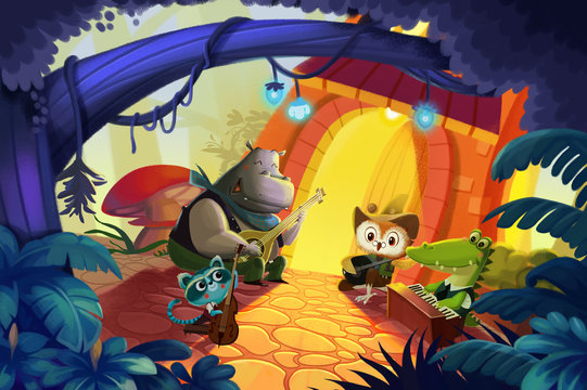 Illustration: The Forest Concert. A Happy Concert was held at Forest Night by Little Animal Friends. Realistic Fantastic Cartoon Style Wallpaper / Scene / Background Design.
