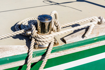 Pulley Sailing Ropes and detail / Fragmentary view details of knots and ropes on the yacht moored...