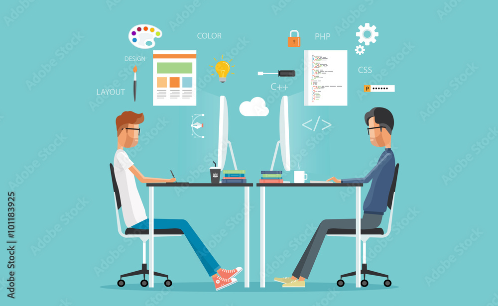 Poster graphic design and  web  developer working on workplace.  develop for website and application