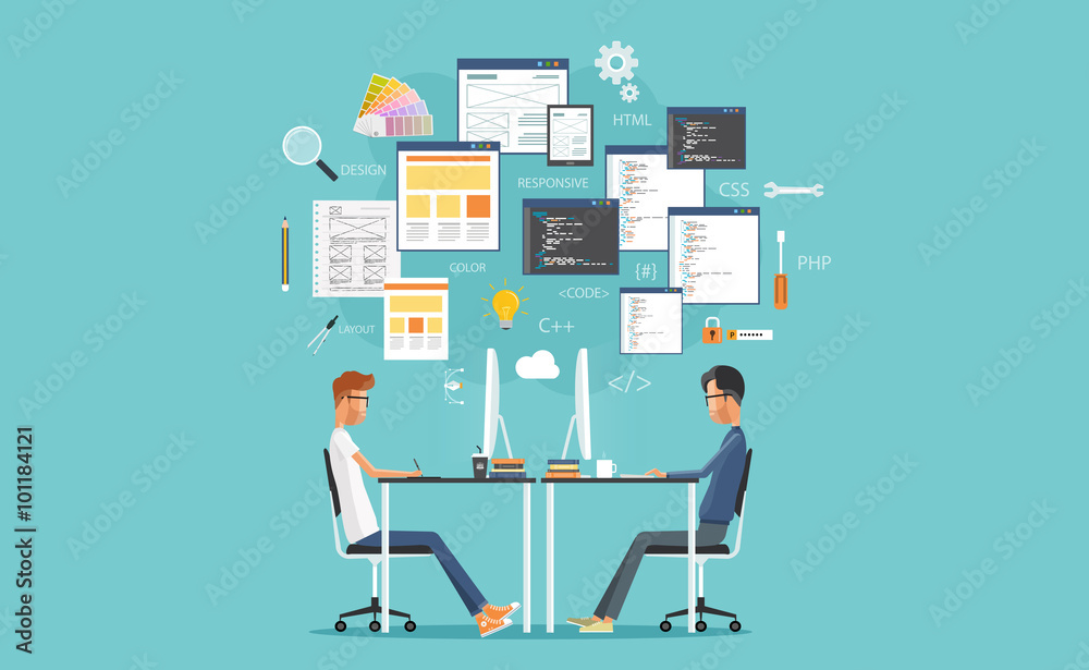Aufkleber graphic design and  web  developer working on workplace.  develop for website and application