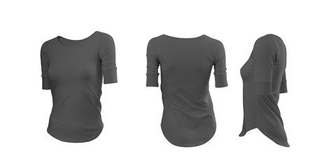 Dark grey woman's T-shirt with long sleeves with rear and side view on a white background