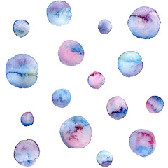 Watercolor texture. Aquarelle circles in pastel colors. Seamless pattern. Watercolor pink and blue spots isolated on white background.