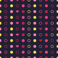 Seamless vector decorative background with hearts and polka dots