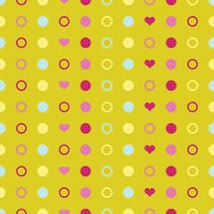 Seamless vector decorative background with hearts and polka dots