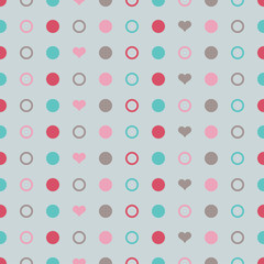 Seamless vector decorative background with hearts and polka dots