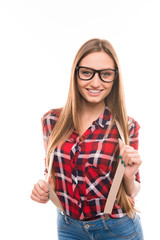 Portrait of nice hipster girl on white background