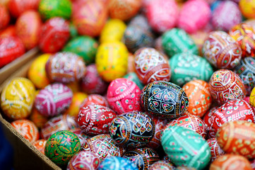 Fototapeta na wymiar Colorful Easter eggs sold in annual traditional crafts fair in Vilnius